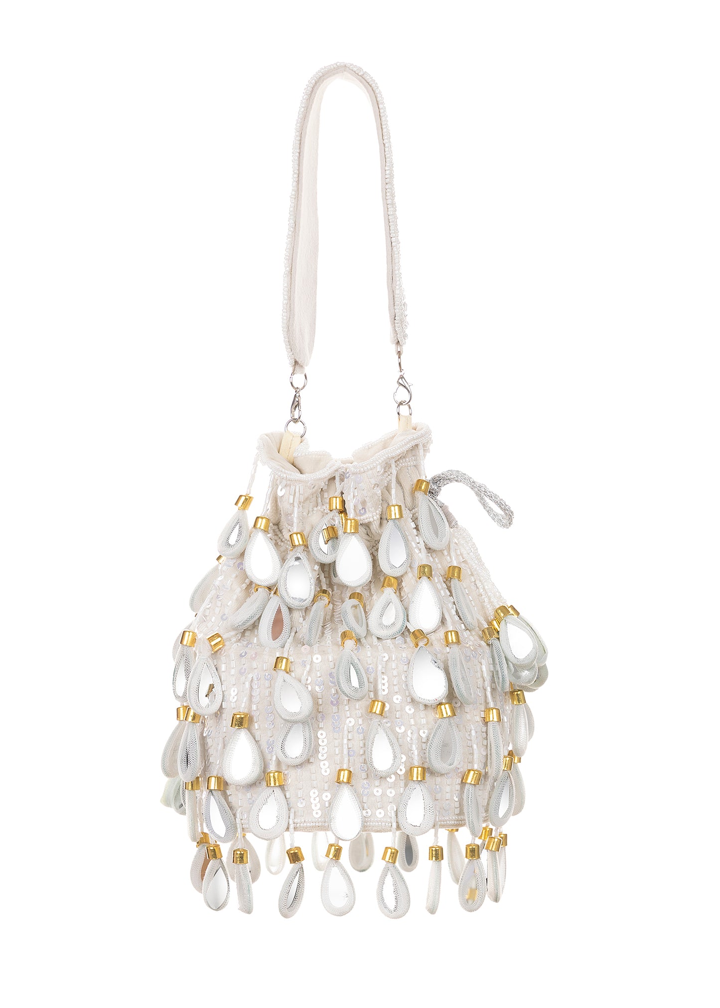 Keisha Ivory Embellished Drawstring Bag | Handmade Beaded Bridal Bucket Bag