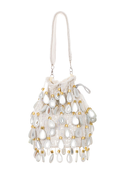 Keisha Ivory Embellished Drawstring Bag | Handmade Beaded Bridal Bucket Bag