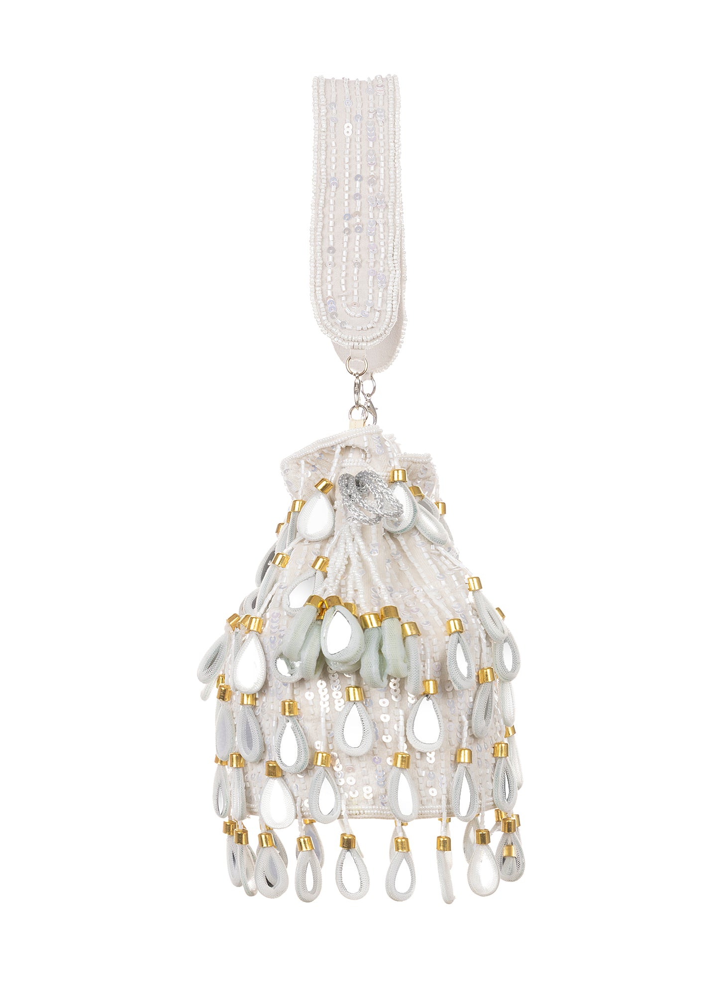 Keisha Ivory Embellished Drawstring Bag | Handmade Beaded Bridal Bucket Bag