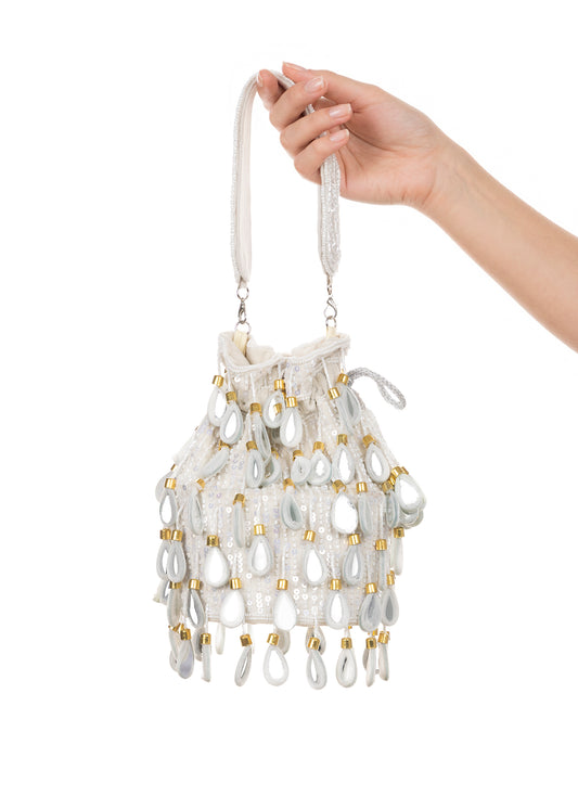 Keisha Ivory Embellished Drawstring Bag | Handmade Beaded Bridal Bucket Bag