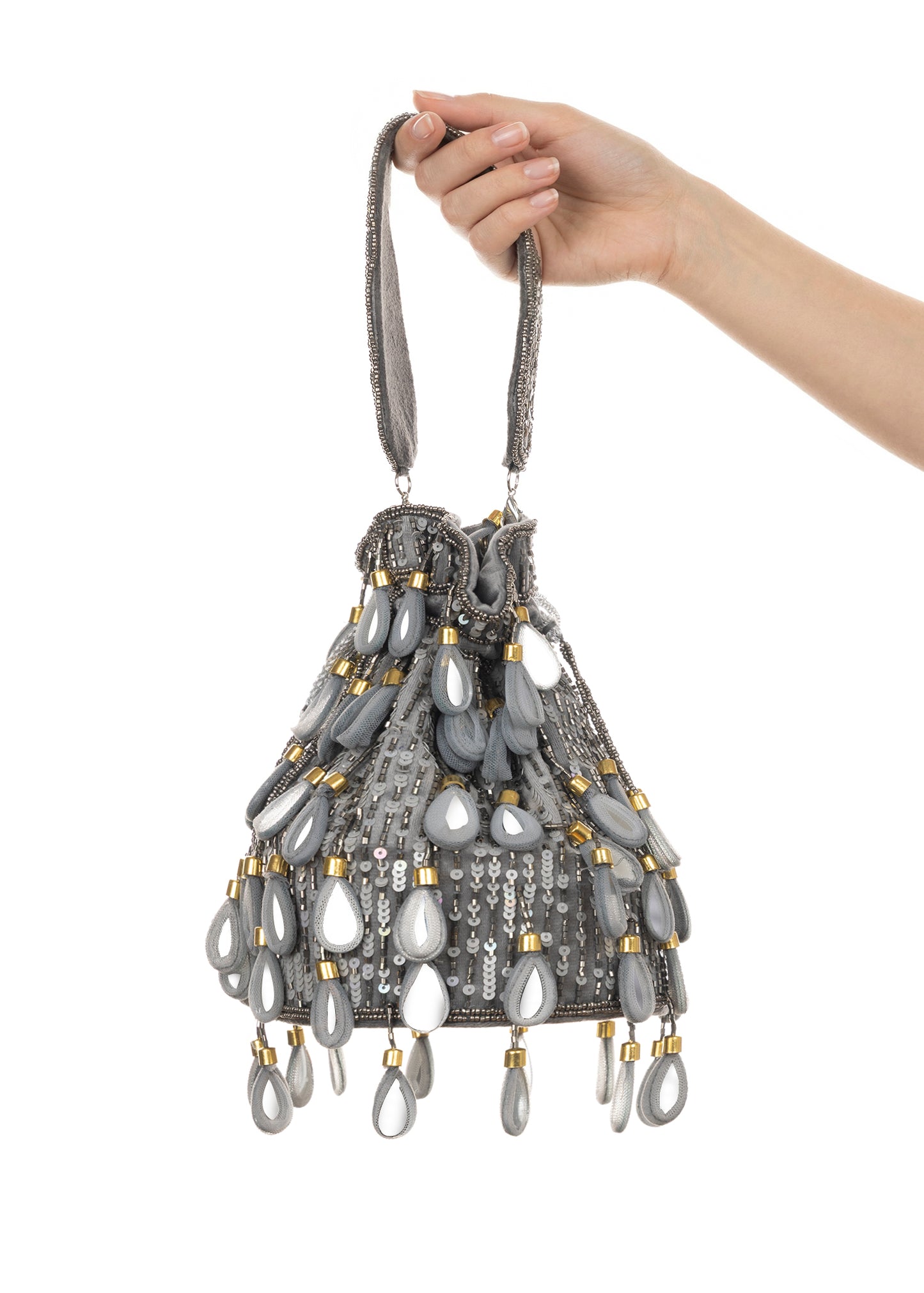 Keisha Drawstring Bag | Handmade Beaded Evening Bucket Bag in Champagne Grey