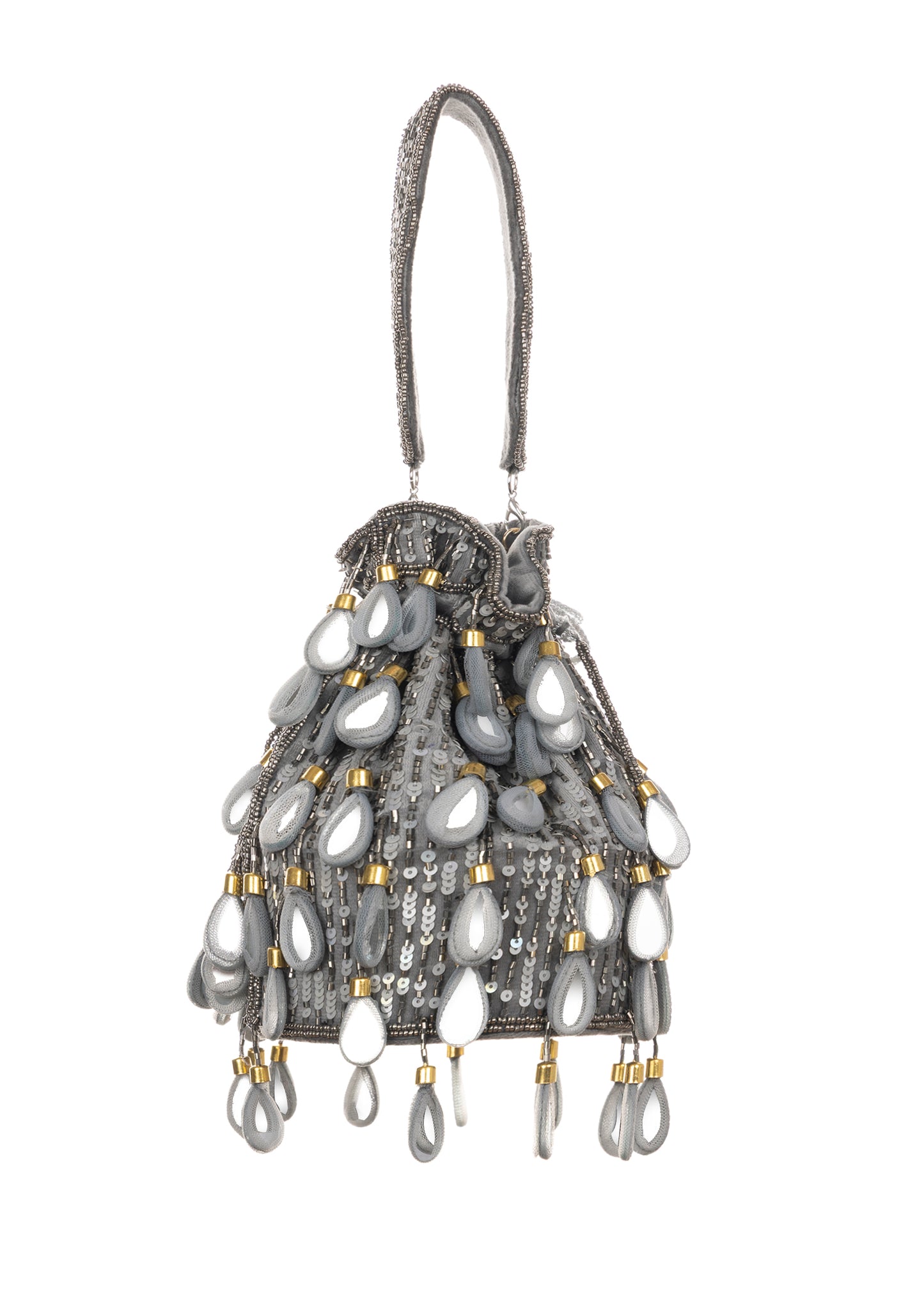 Keisha Drawstring Bag | Handmade Beaded Evening Bucket Bag in Champagne Grey