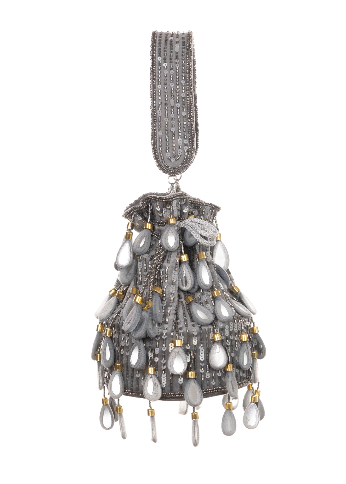 Keisha Drawstring Bag | Handmade Beaded Evening Bucket Bag in Champagne Grey
