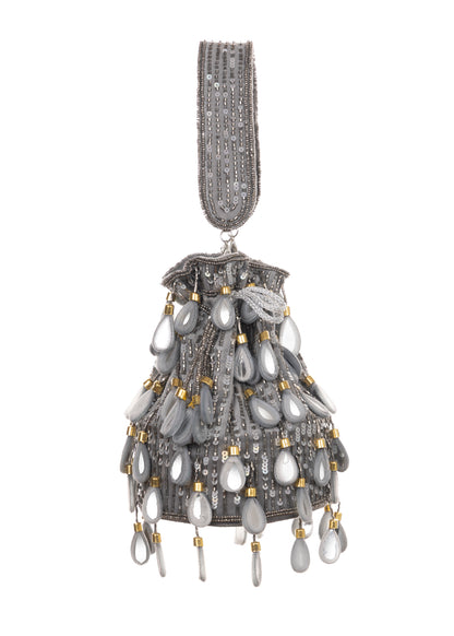 Keisha Drawstring Bag | Handmade Beaded Evening Bucket Bag in Champagne Grey