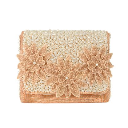 Eleanor Pearl and Champagne Beaded Floral Clutch