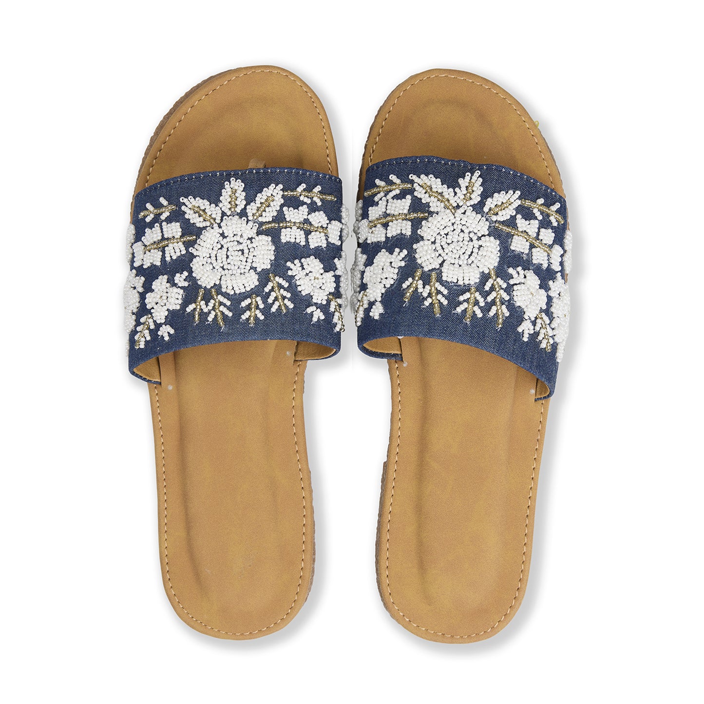 Denim Blue Handmade Floral Resort Slides – Waterproof Sole Sandals