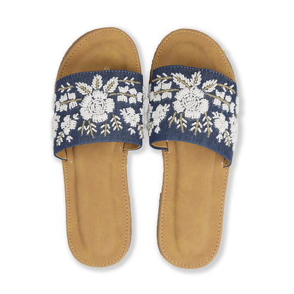 Denim Blue Handmade Floral Resort Slides – Waterproof Sole Sandals